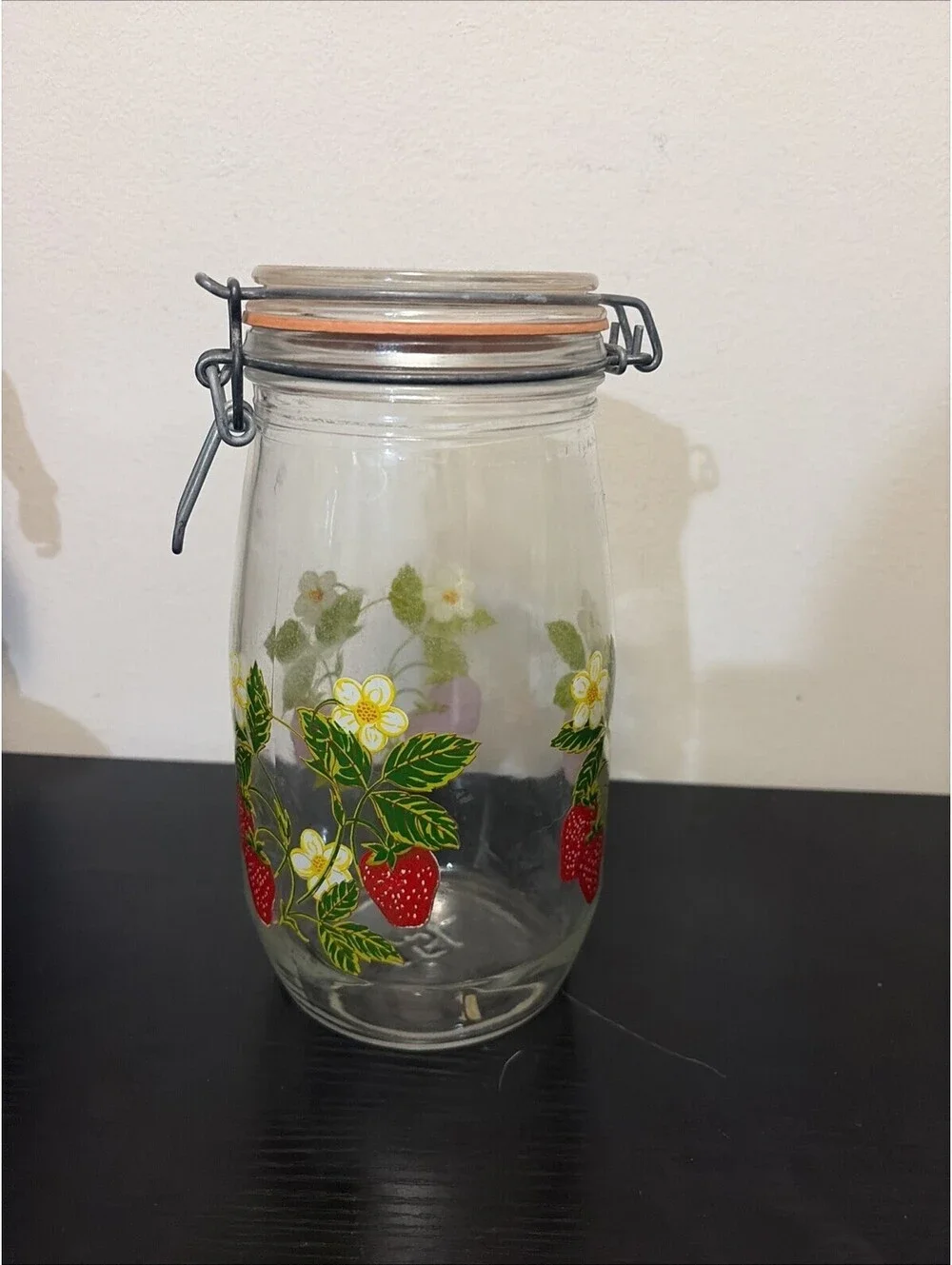 Vtg. ARC France Glass Canister Jar 1.5L with Wire Bale Lid & Strawberry Blossom